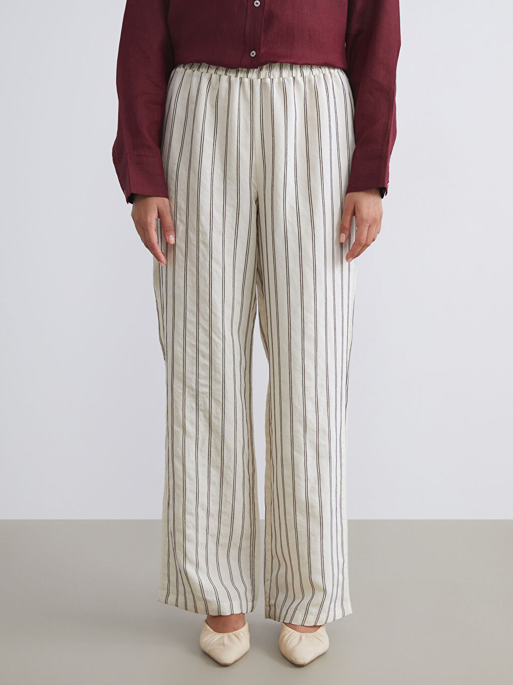 Bej Beli Lastikli Modal Karışımlı Kadın Pantolon-1