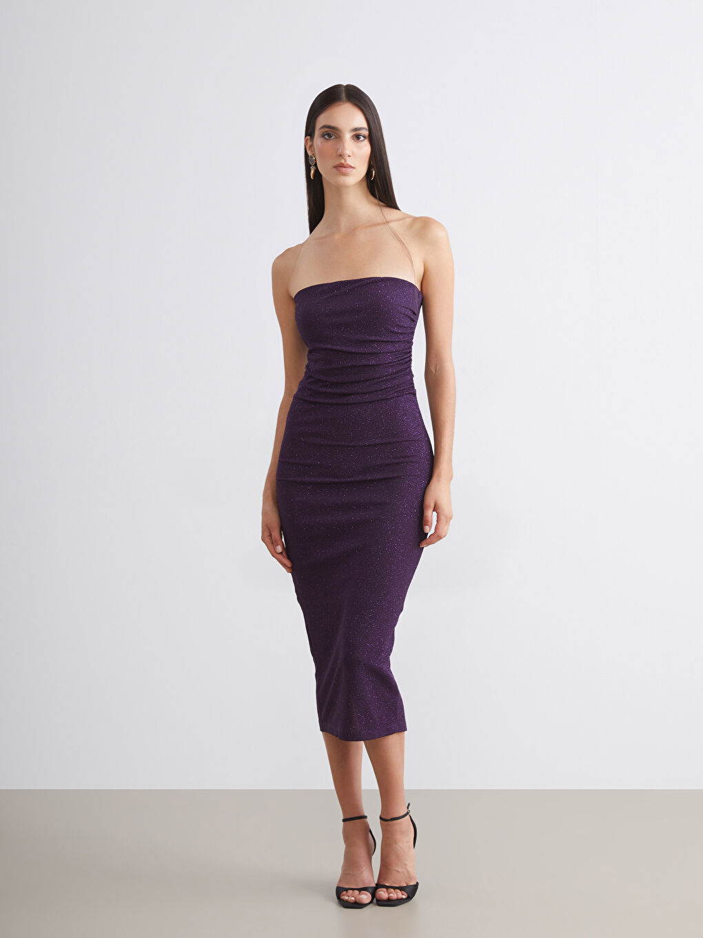 Mor Straplez Yaka Simli Büzgülü Bodycon Elbise-1