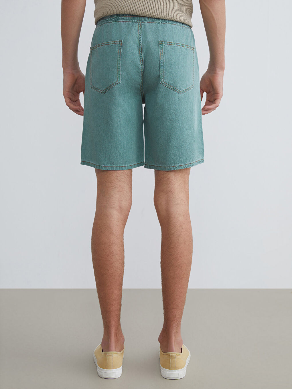 Yeşil Rahat Kalıp Erkek Jean Şort-3