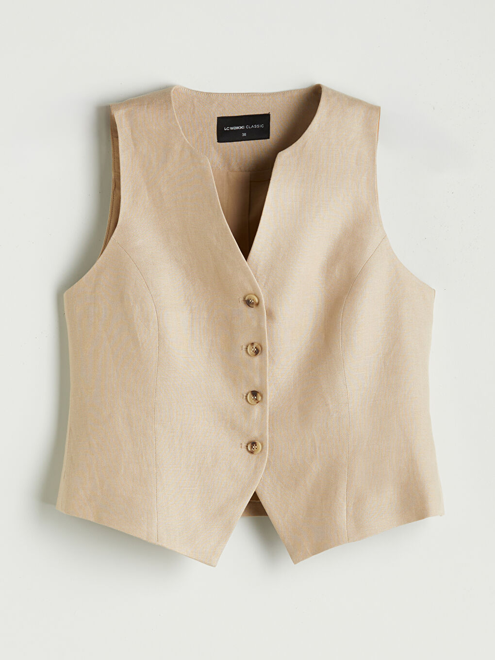 Bej V Yaka %100 Keten Kadın Klasik Yelek-4