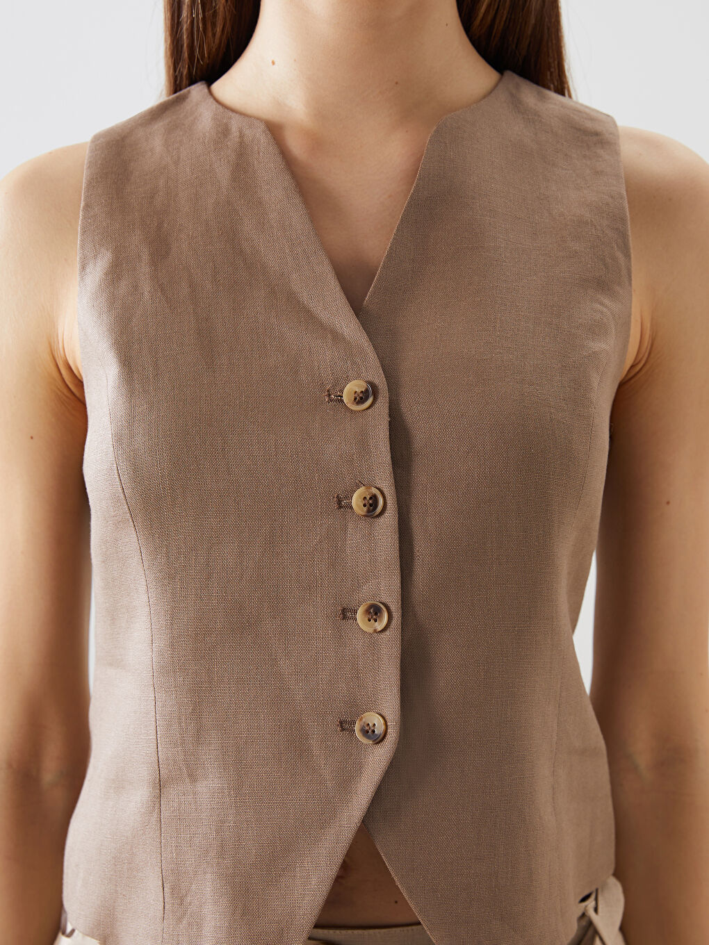 Kahverengi V Yaka %100 Keten Kadın Klasik Yelek-5
