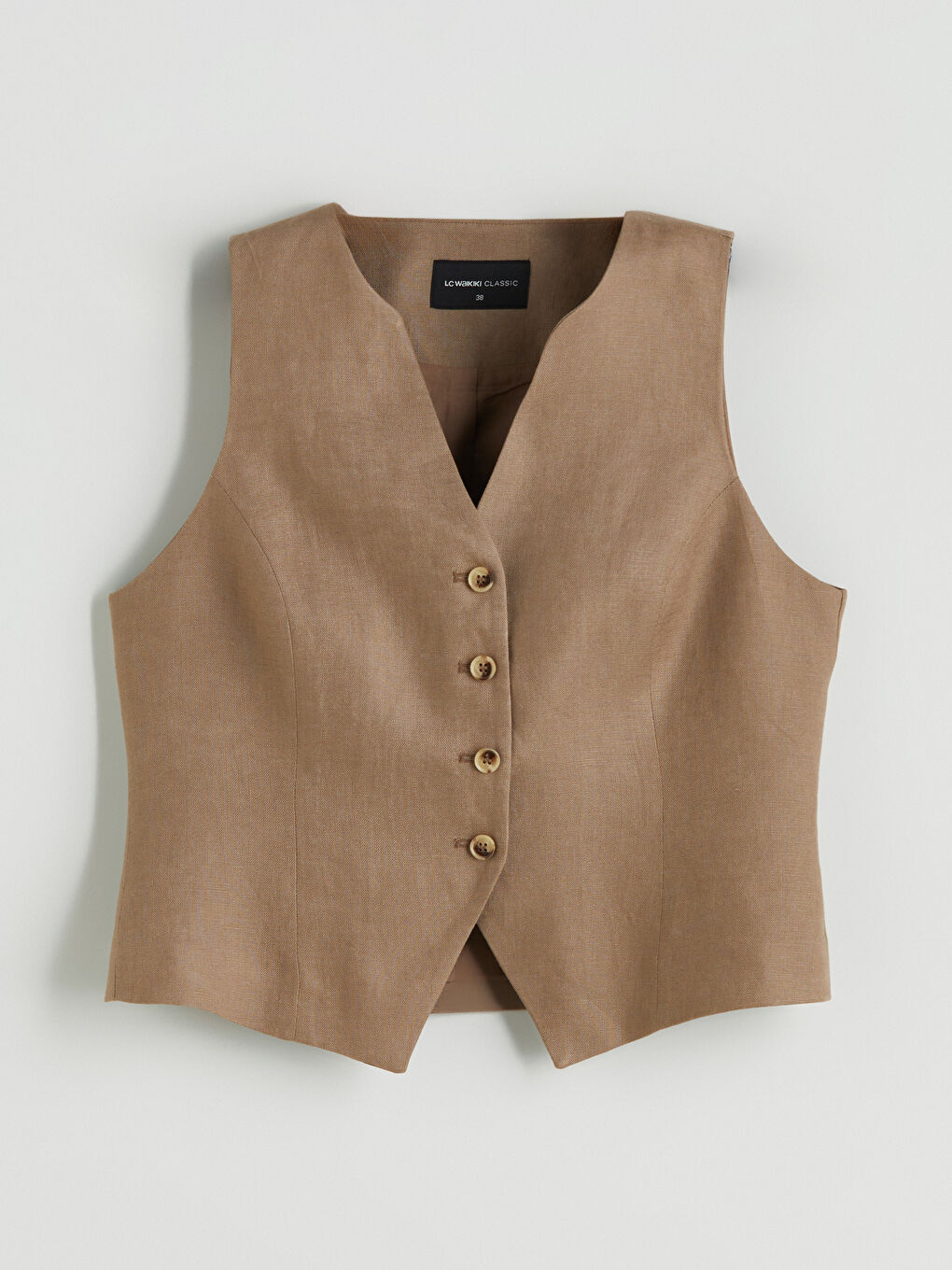 Kahverengi V Yaka %100 Keten Kadın Klasik Yelek-8