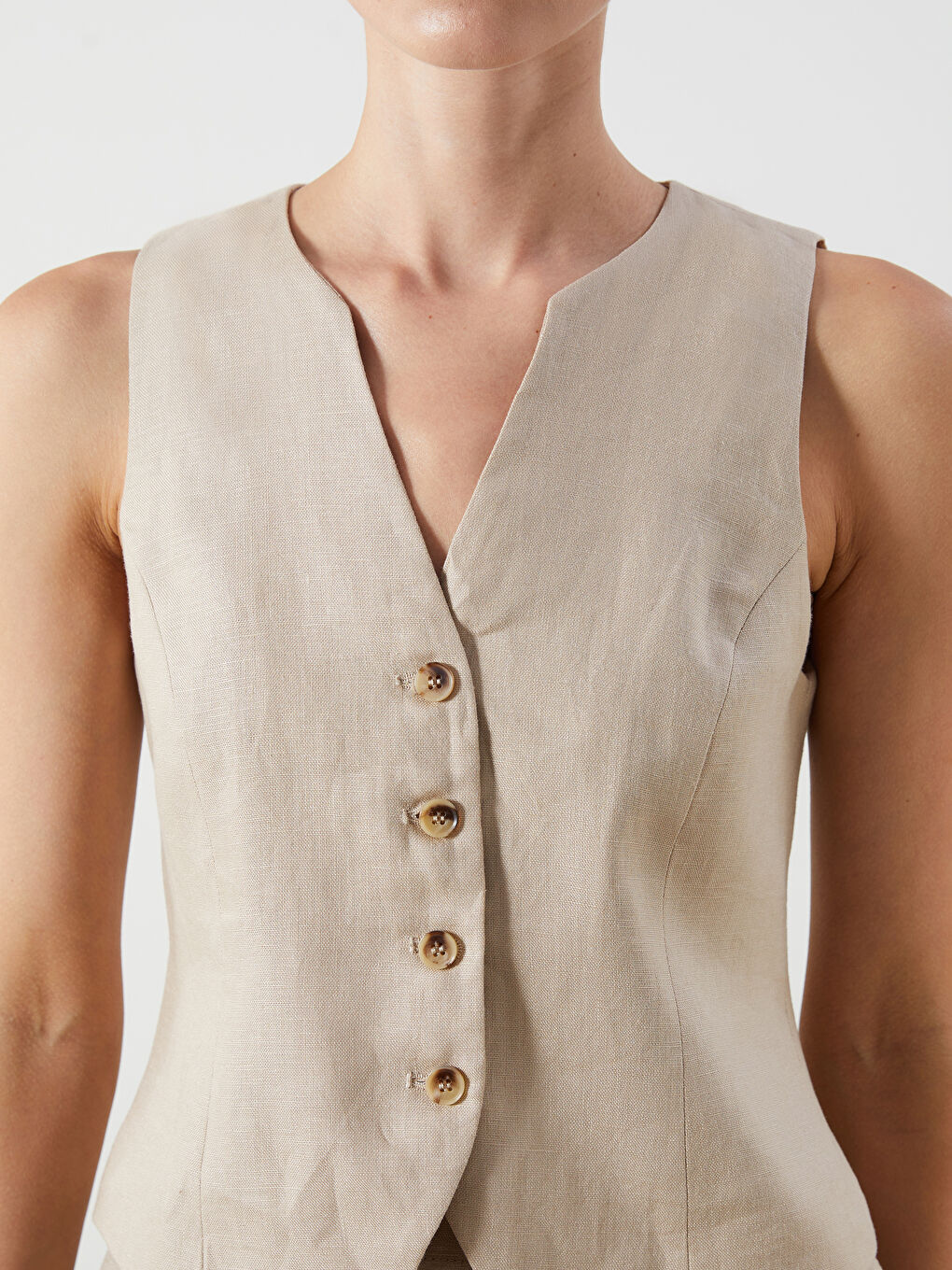 Bej V Yaka %100 Keten Kadın Klasik Yelek-2