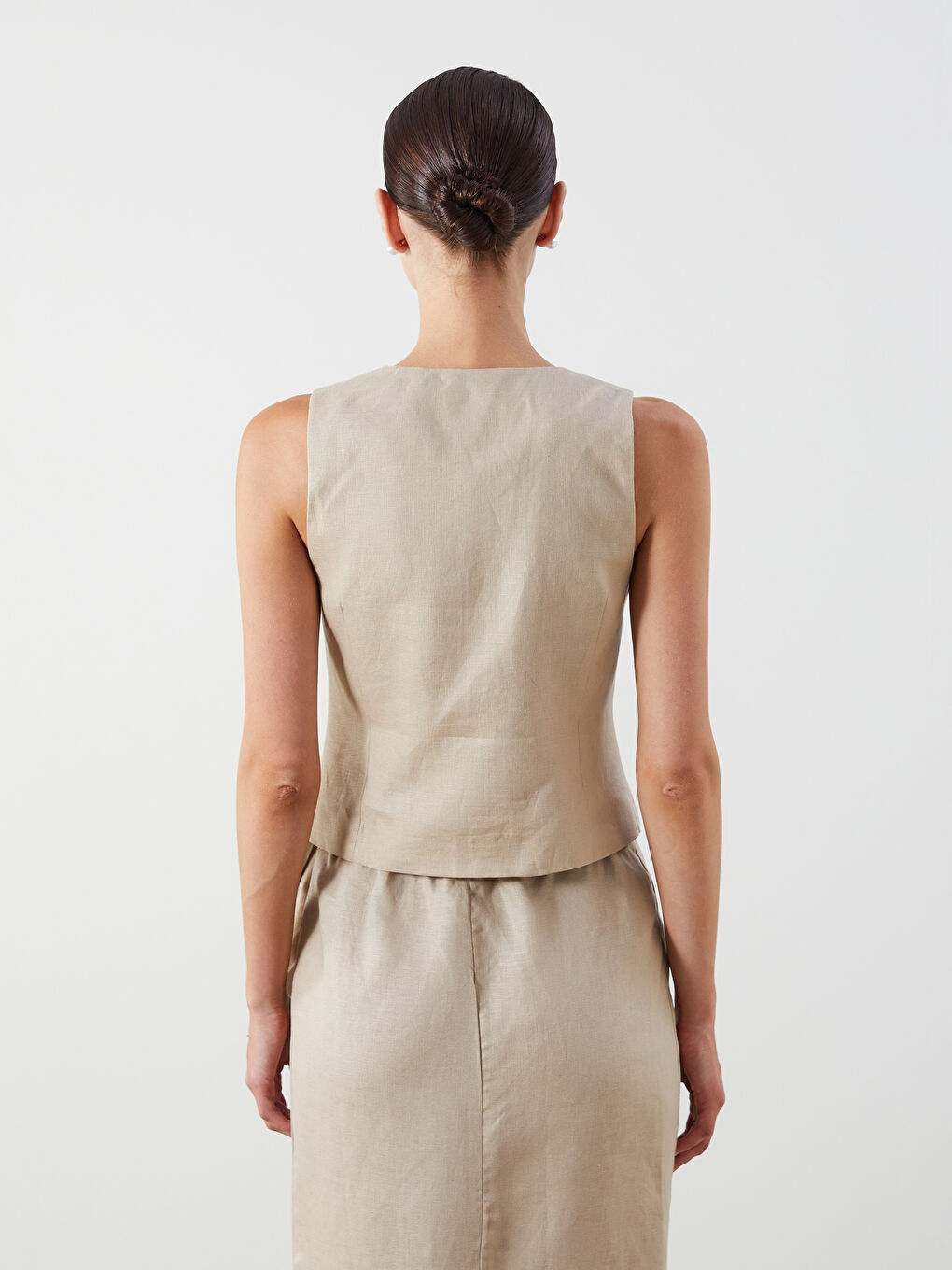 Bej V Yaka %100 Keten Kadın Klasik Yelek-3