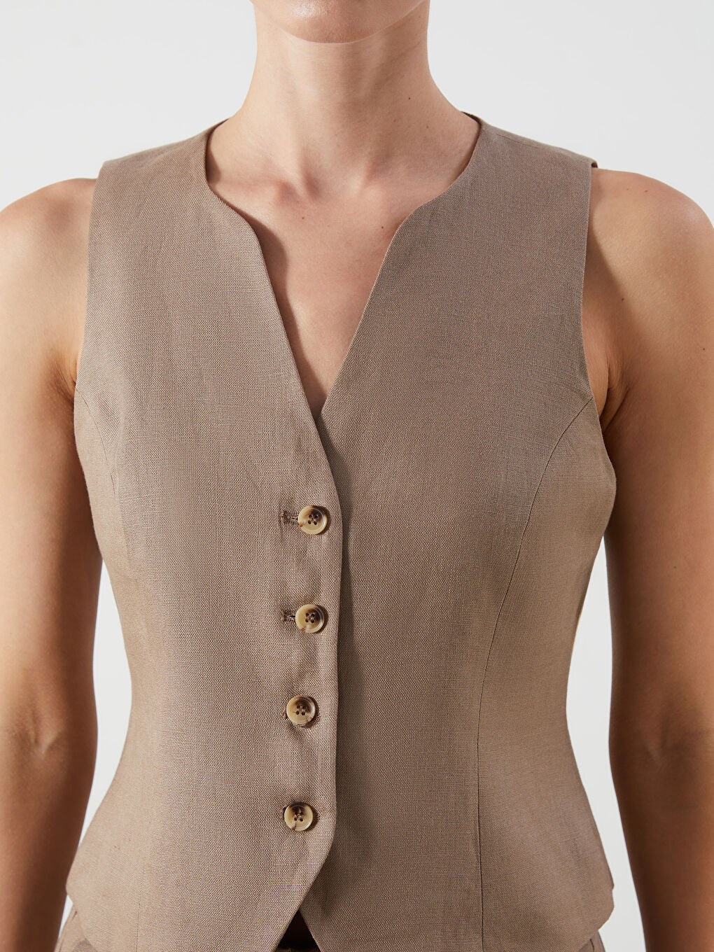 Kahverengi V Yaka %100 Keten Kadın Klasik Yelek-4