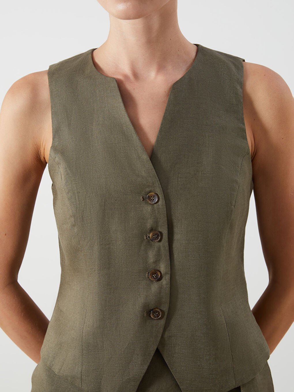 Haki V Yaka %100 Keten Kadın Klasik Yelek-2