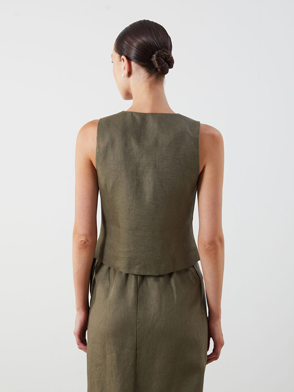 Haki V Yaka %100 Keten Kadın Klasik Yelek-3