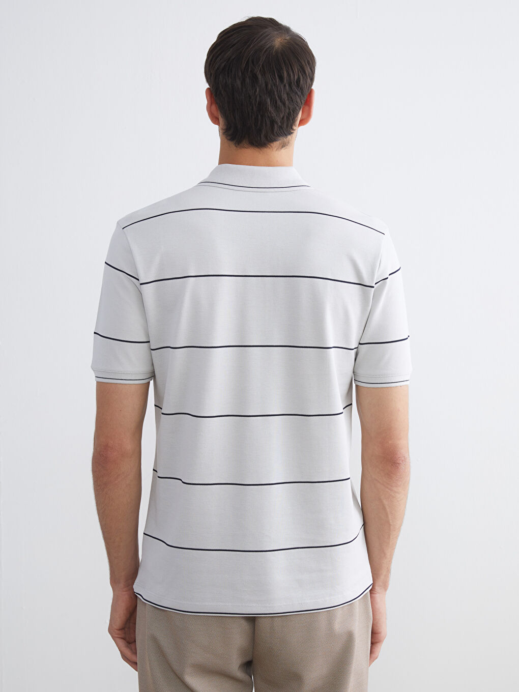 Gri Polo Yaka Çizgili Pike Erkek Tişört-3