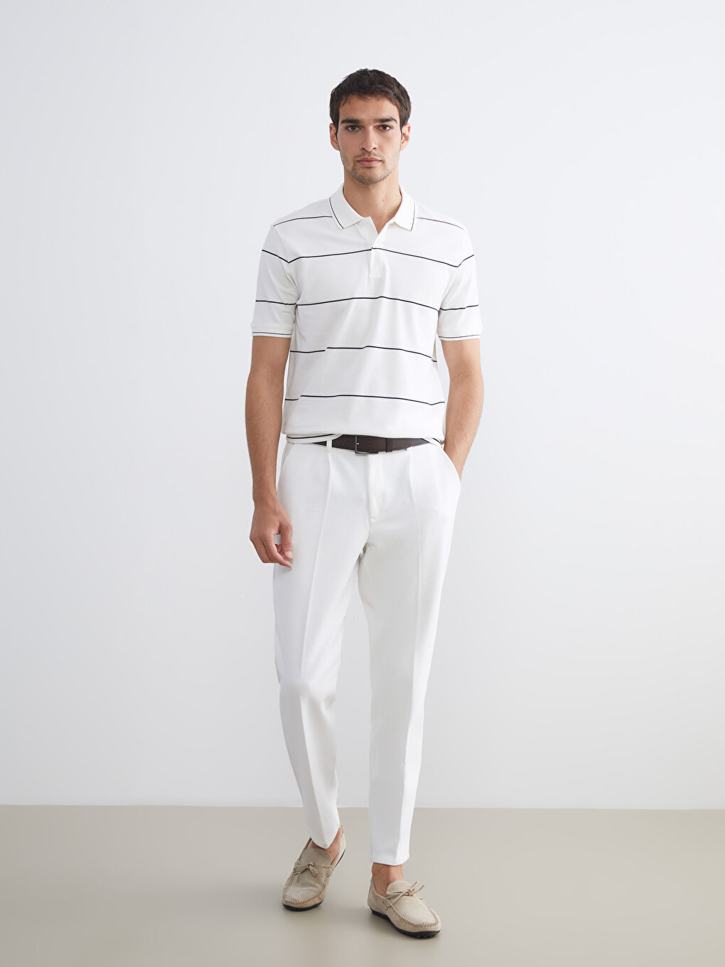 Ekru Polo Yaka Çizgili Pike Erkek Tişört-1