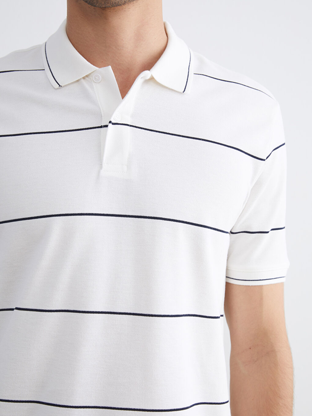 Ekru Polo Yaka Çizgili Pike Erkek Tişört-2