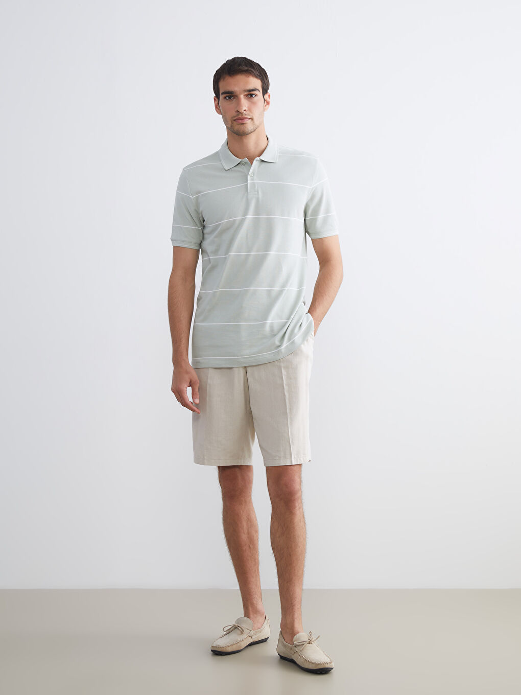 Yeşil Polo Yaka Çizgili Pike Erkek Tişört-1