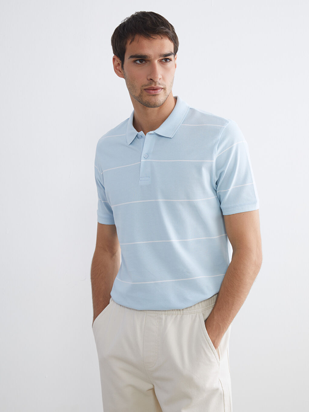 Mavi Polo Yaka Çizgili Pike Erkek Tişört