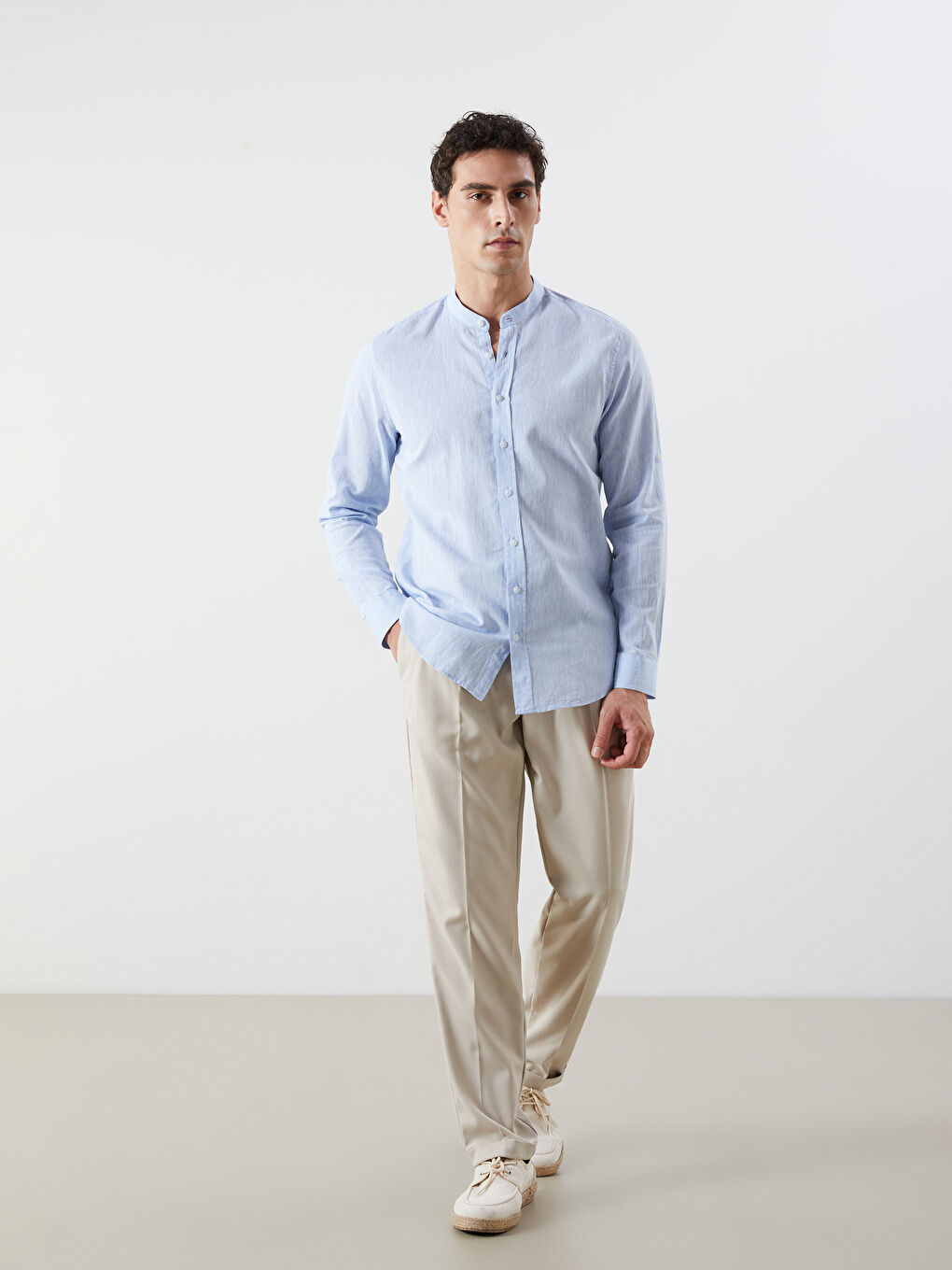 قميص رجال كم طويل بقماش خليط الكتان بقصة عادية-1