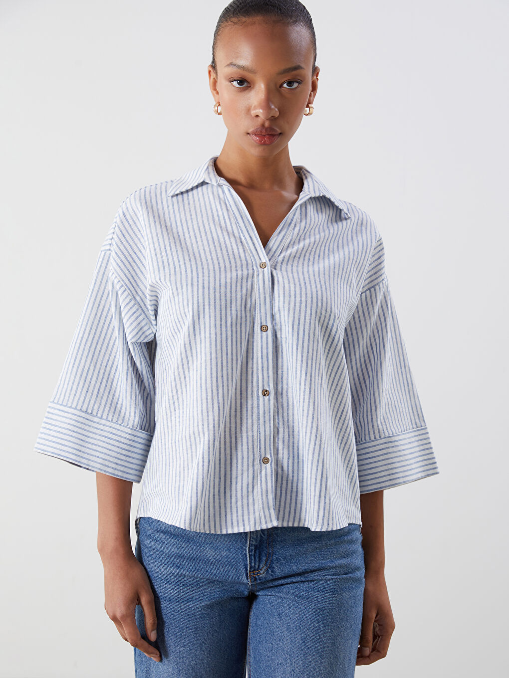 Striped Linen Blend Oversize Women's Shirt -S5PY63Z8-LEN