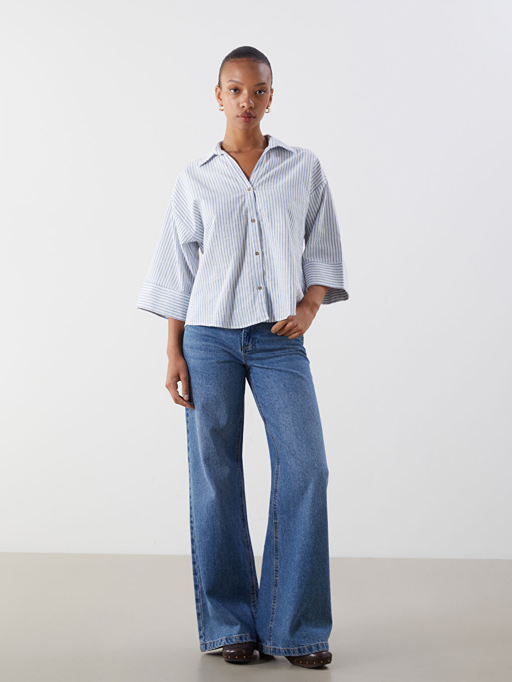 Striped Linen Blend Oversize Women's Shirt -S5PY63Z8-LEN