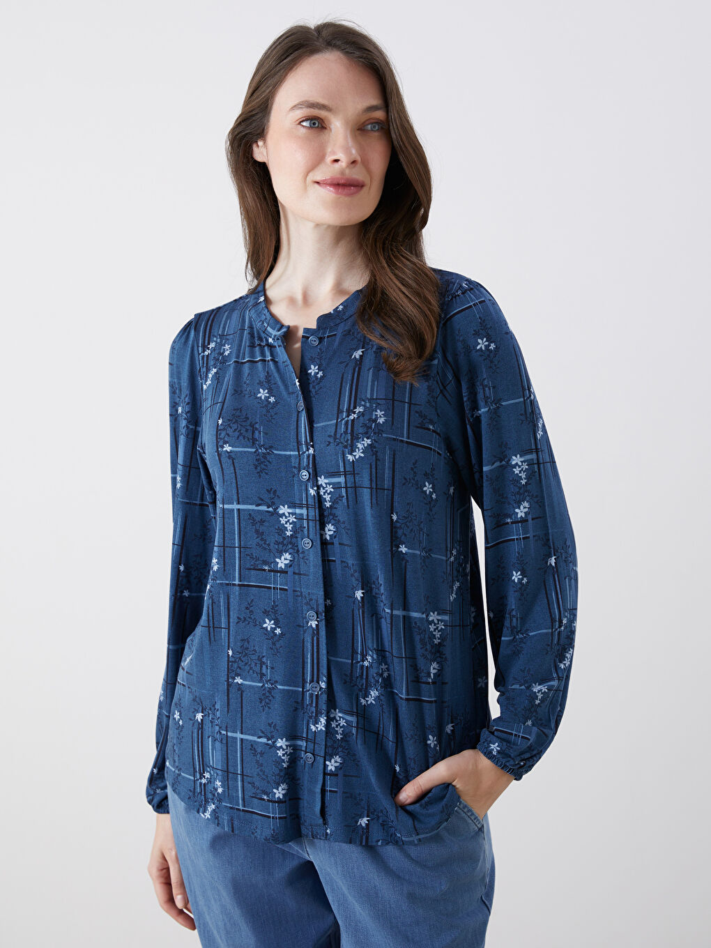 Lacivert Bisiklet Yaka Desenli Bluz