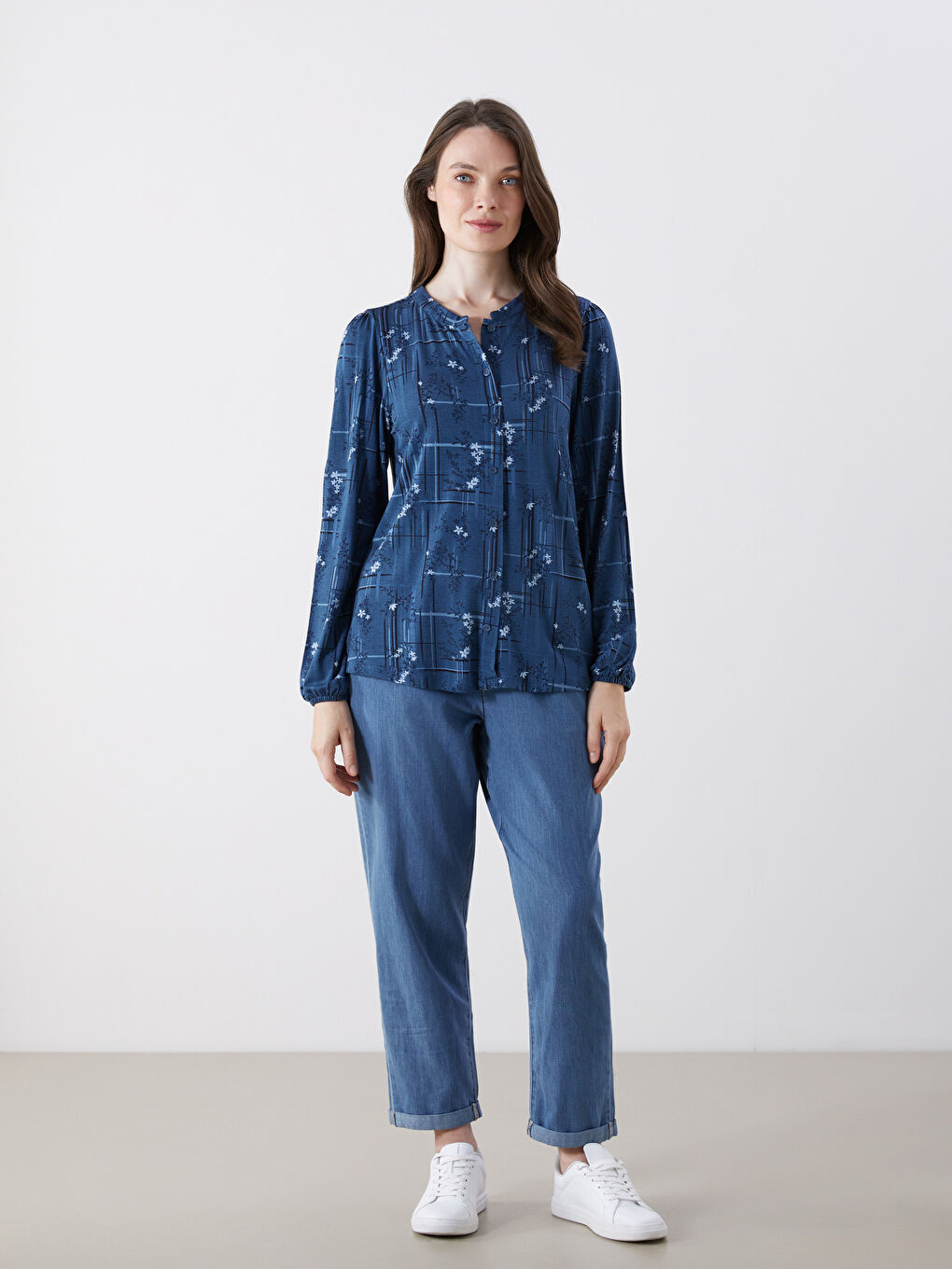 Lacivert Bisiklet Yaka Desenli Bluz-1