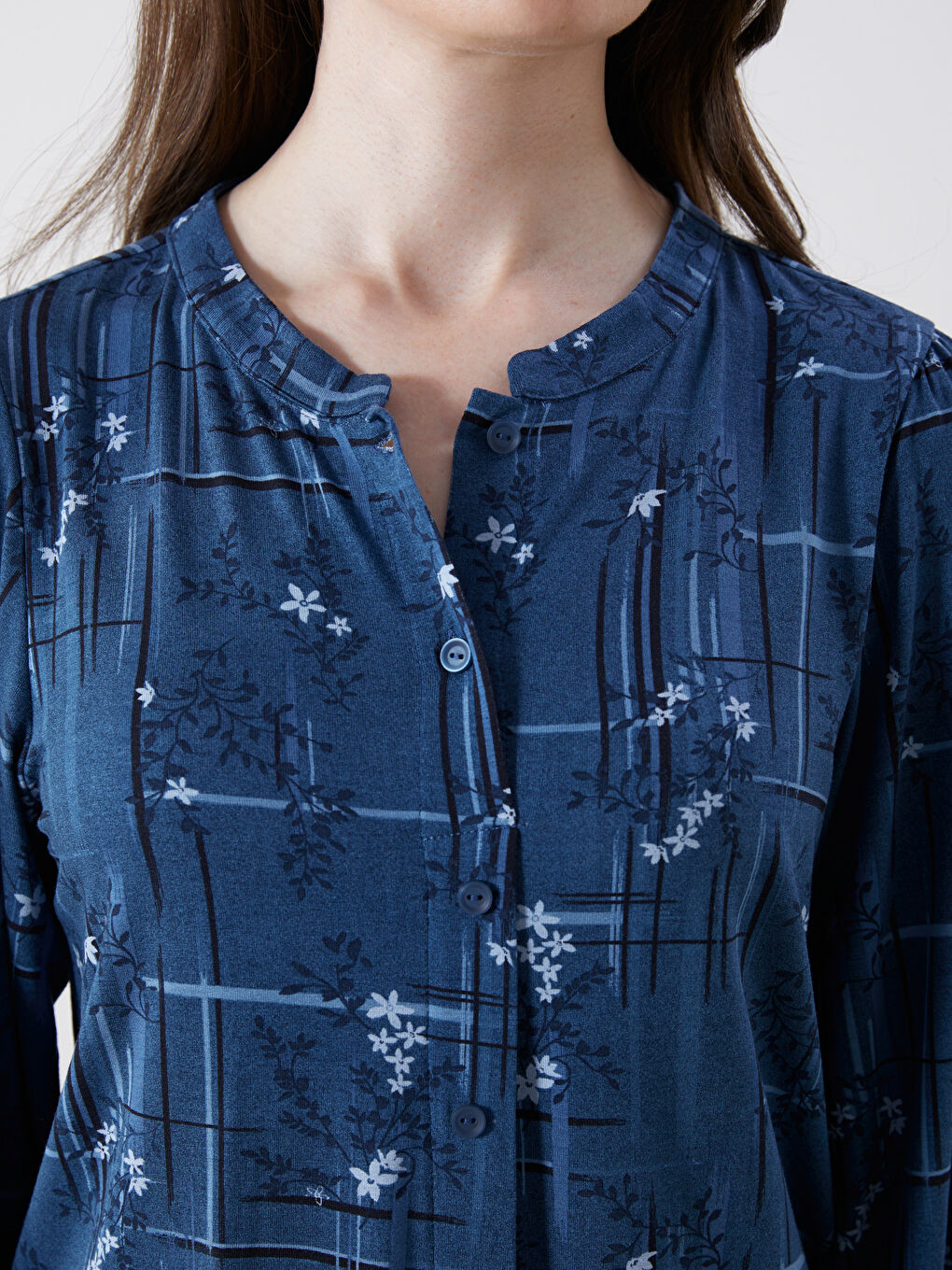 Lacivert Bisiklet Yaka Desenli Bluz-2