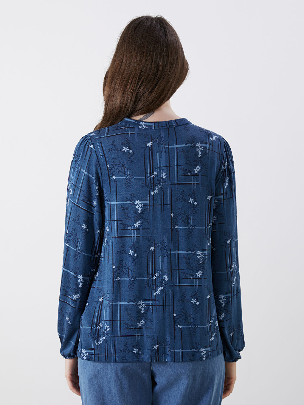 Lacivert Bisiklet Yaka Desenli Bluz-3