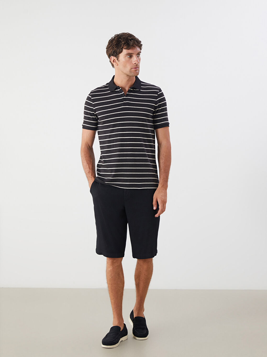 Ekru Polo Yaka Çizgili Penye Erkek Tişört-1