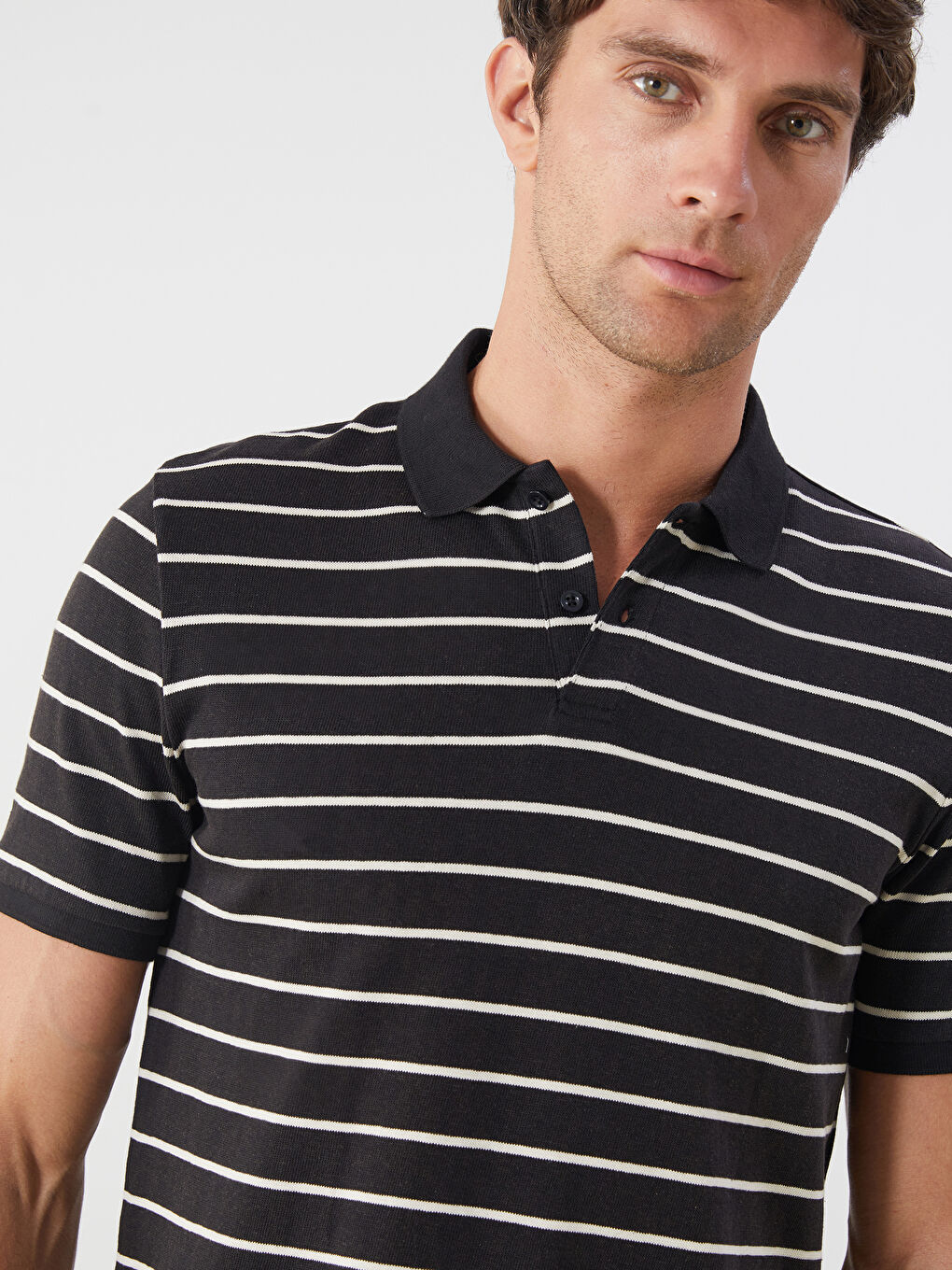 Ekru Polo Yaka Çizgili Penye Erkek Tişört-2