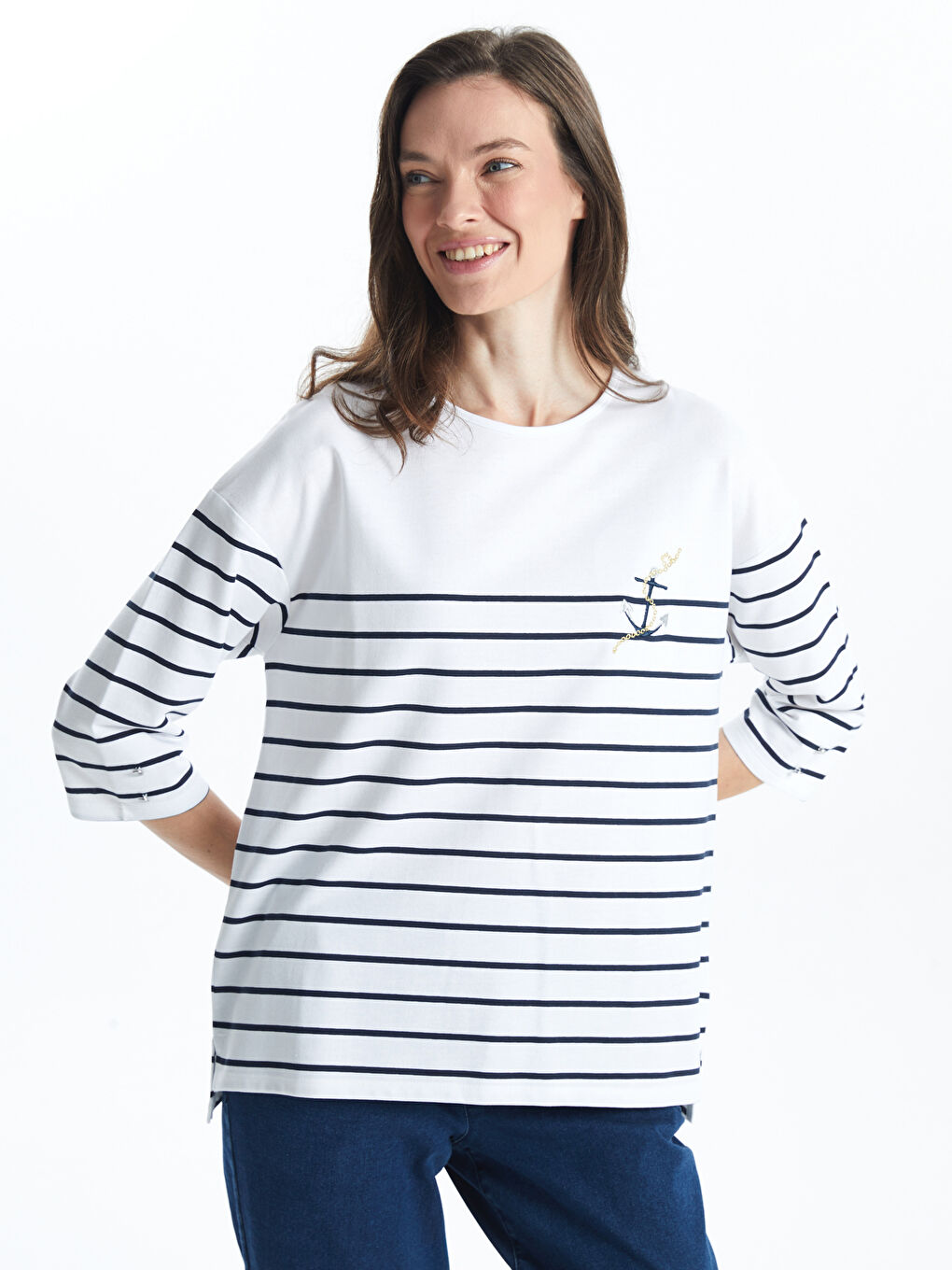 LCW Grace Crew Neck Striped Jersey Women's T-Shirt -W5I279Z8-LEG