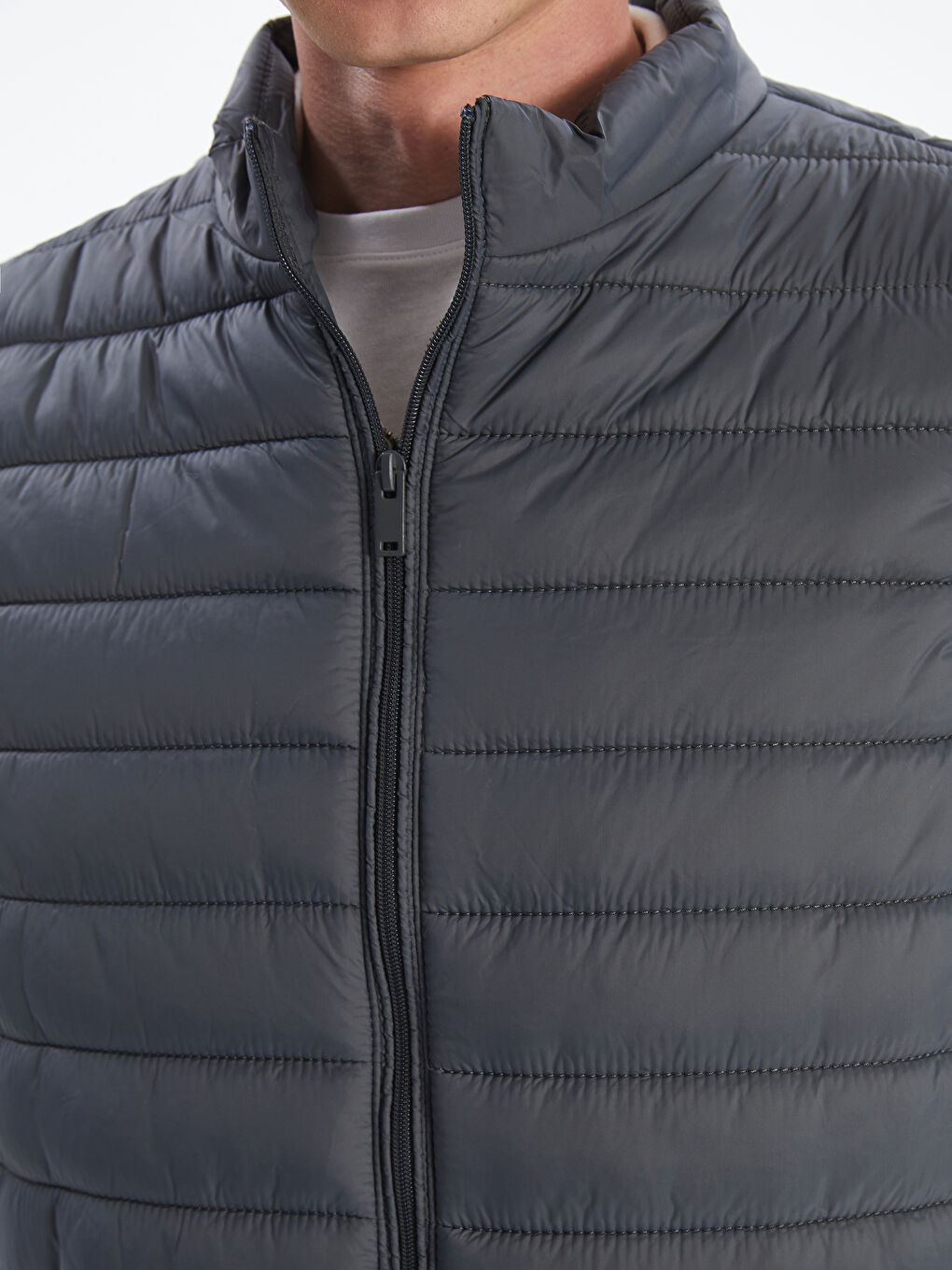 Gri Standart Kalıp Dik Yaka Erkek Şişme Yelek-2