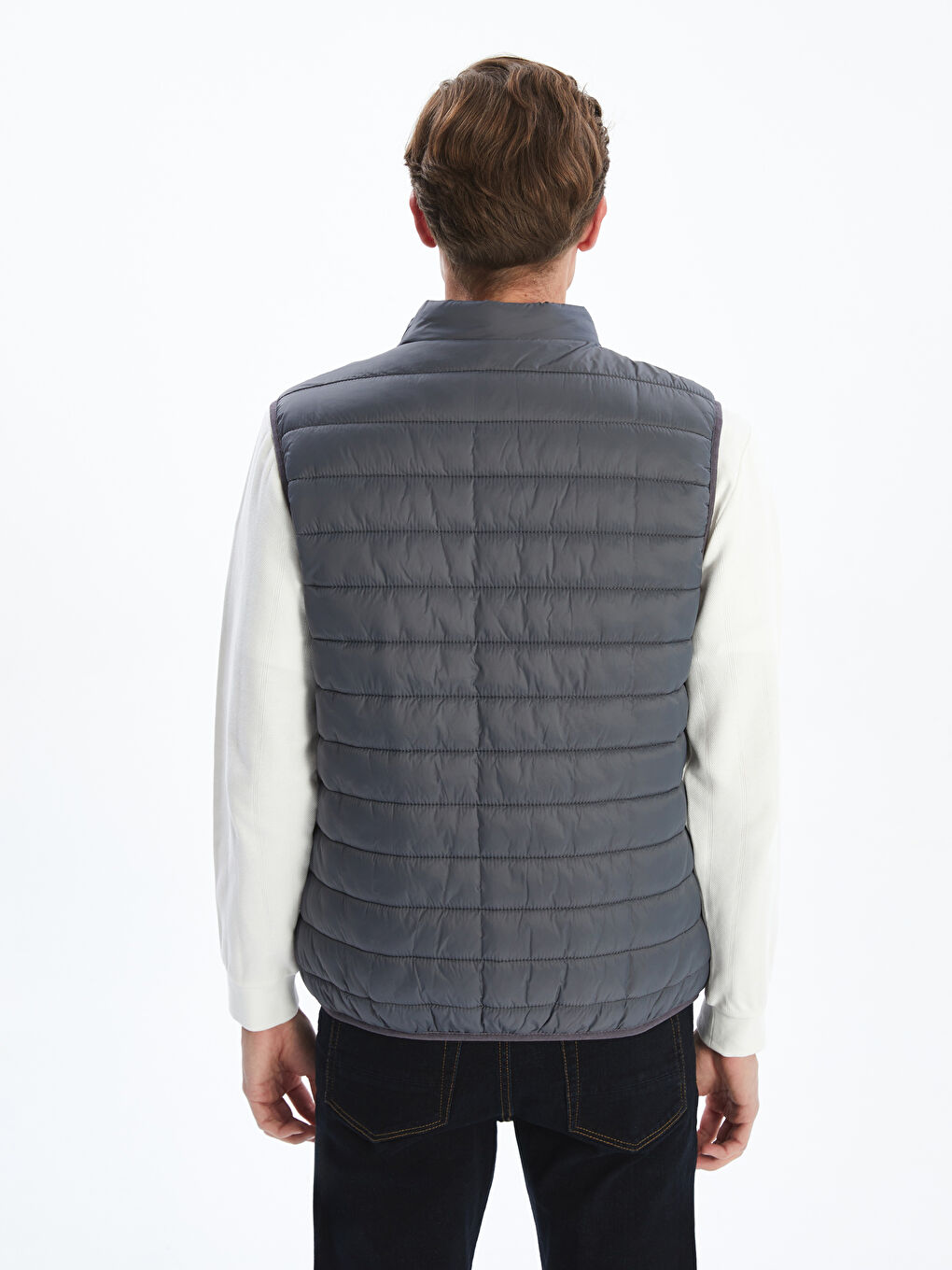 Gri Standart Kalıp Dik Yaka Erkek Şişme Yelek-4