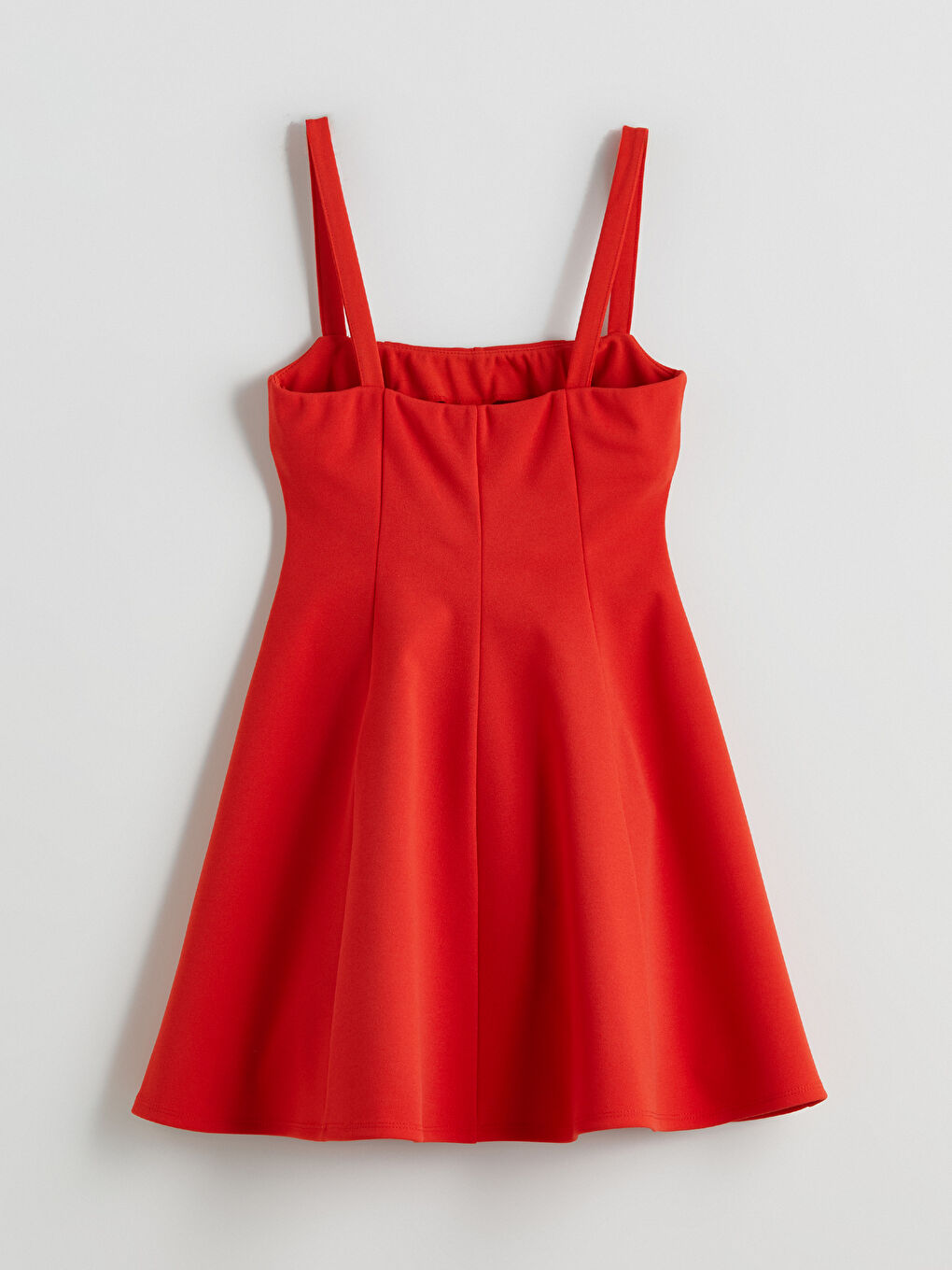 Kırmızı Kare Yaka Askılı Belden Oturtmalı Mini Elbise-5