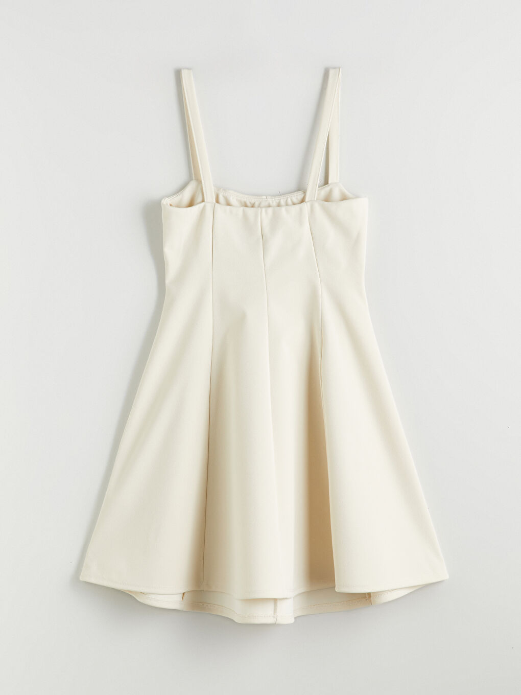 Ekru Kare Yaka Askılı Belden Oturtmalı Mini Elbise-5