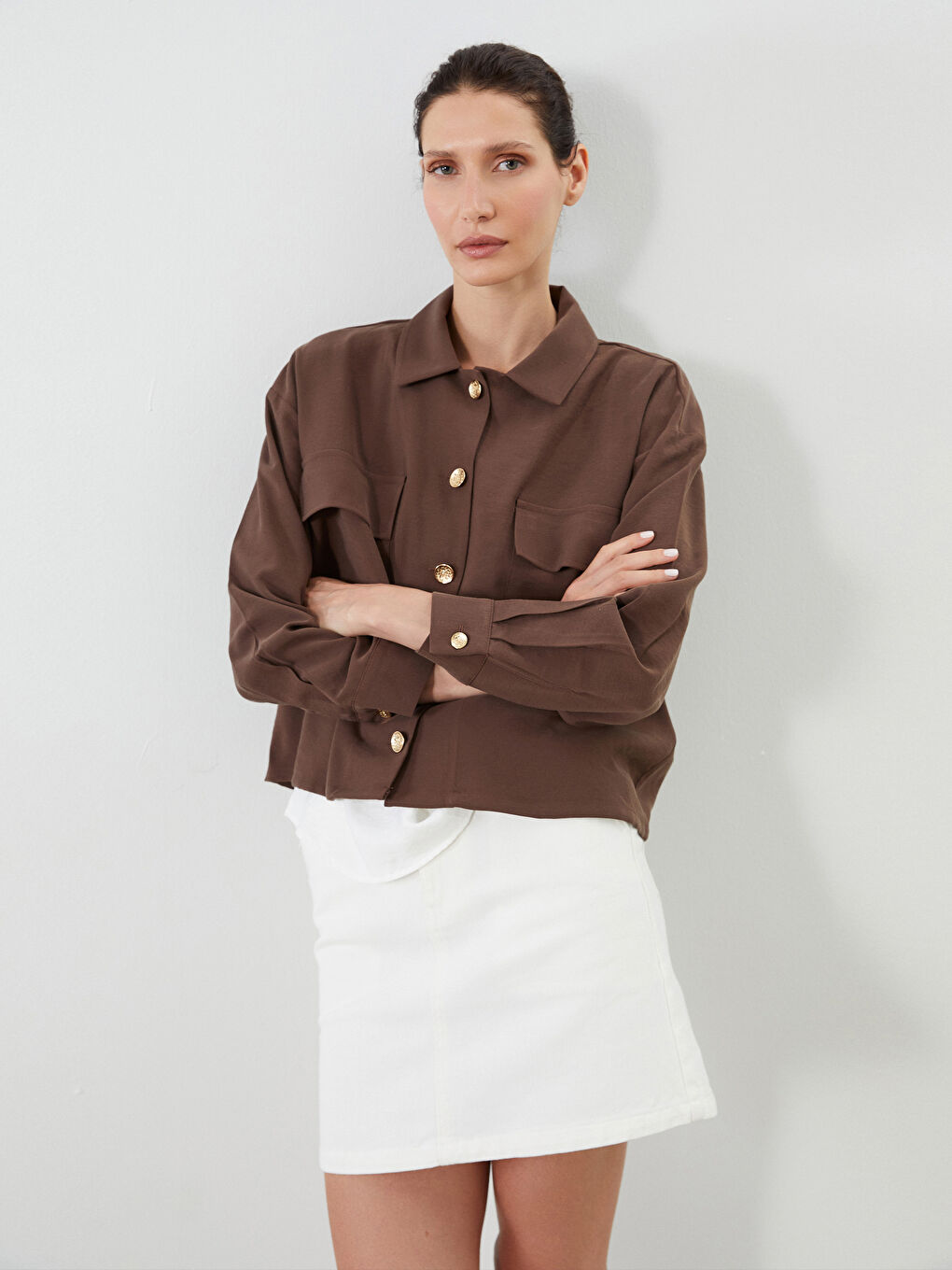 Kahverengi Gömlek Yaka Oversize Kadın Ceket