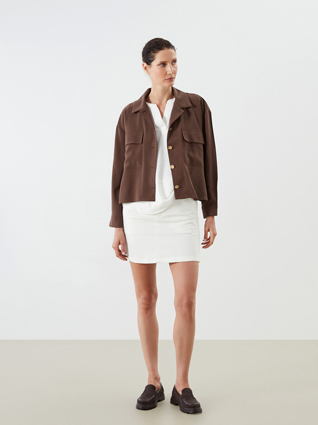 Kahverengi Gömlek Yaka Oversize Kadın Ceket-1