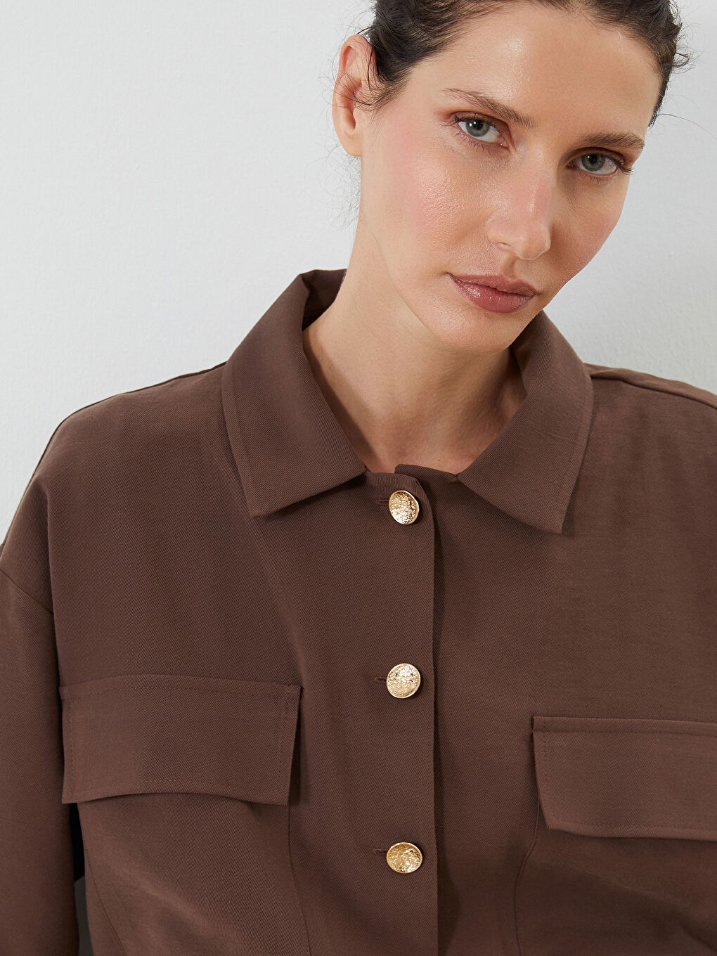 Kahverengi Gömlek Yaka Oversize Kadın Ceket-2
