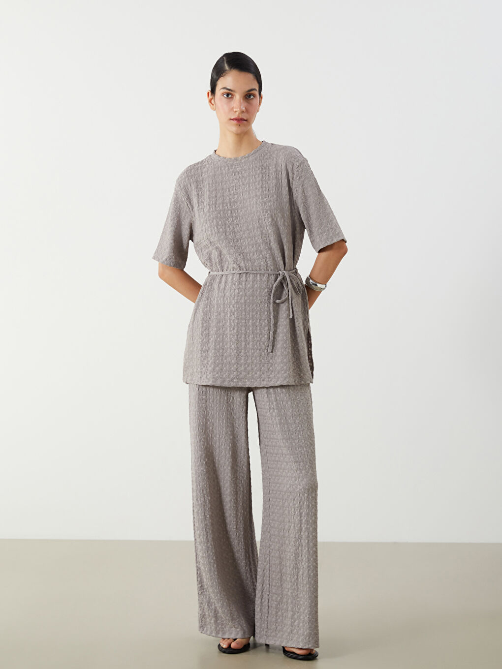 Elasticated Waist Textured Women's Trousers -S5Q239Z8-GCD