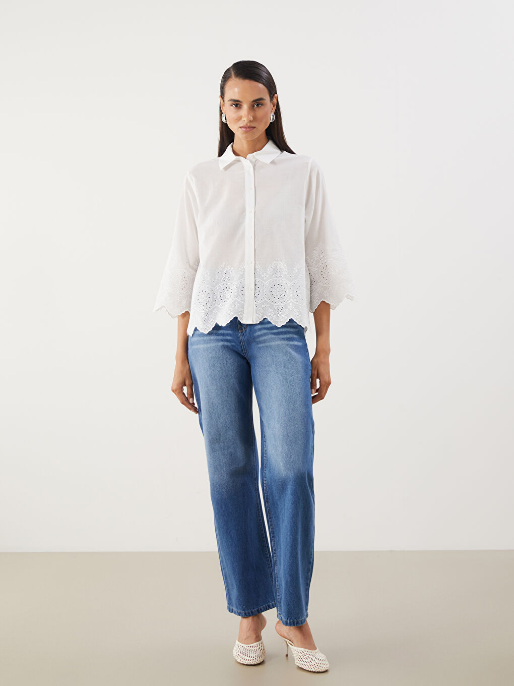 Beyaz Ajurlu Brode Kadın Gömlek-1