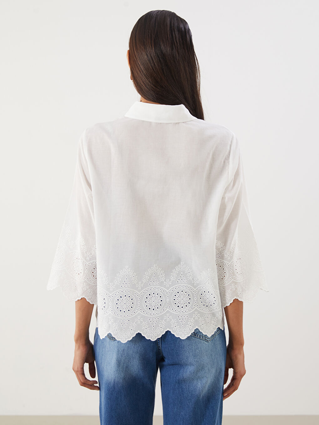 Beyaz Ajurlu Brode Kadın Gömlek-2