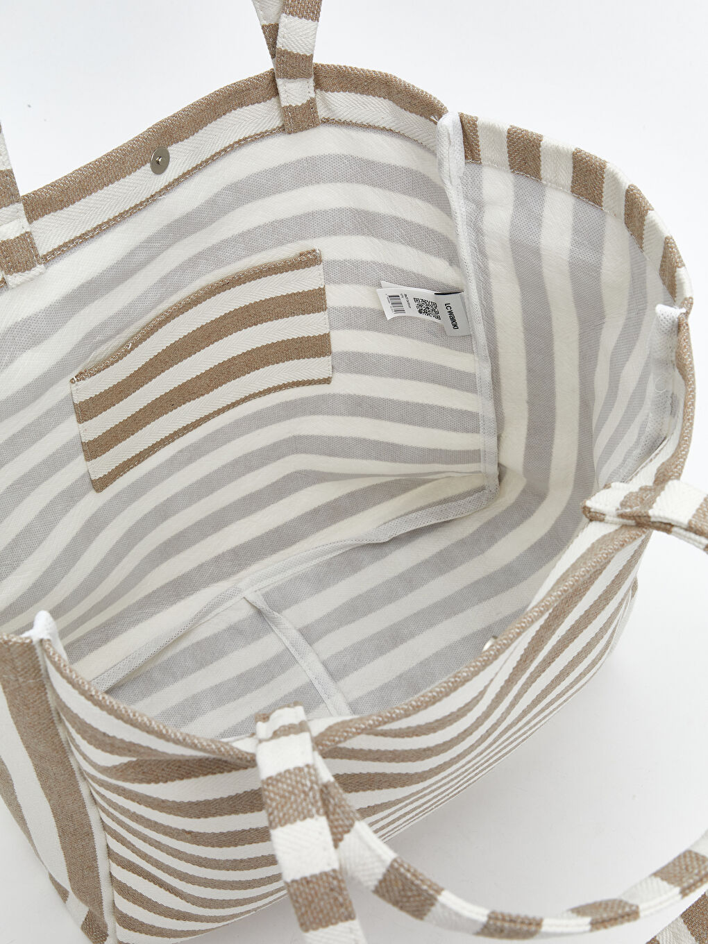 Bej Çizgili Kanvas Kadın Plaj Çantası-3