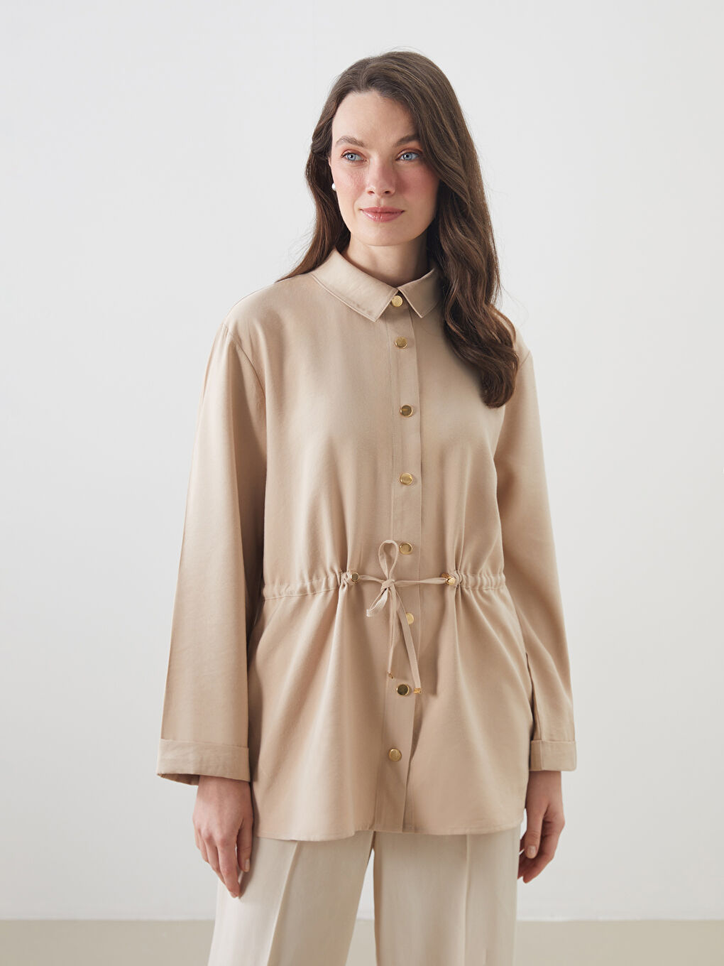 Kahverengi Büzgülü Kadın Gömlek Tunik-1