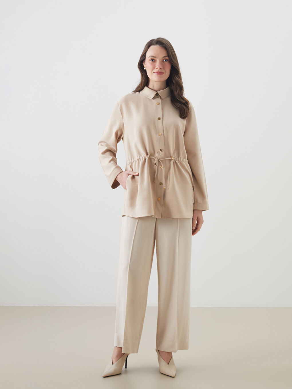 Kahverengi Büzgülü Kadın Gömlek Tunik-3