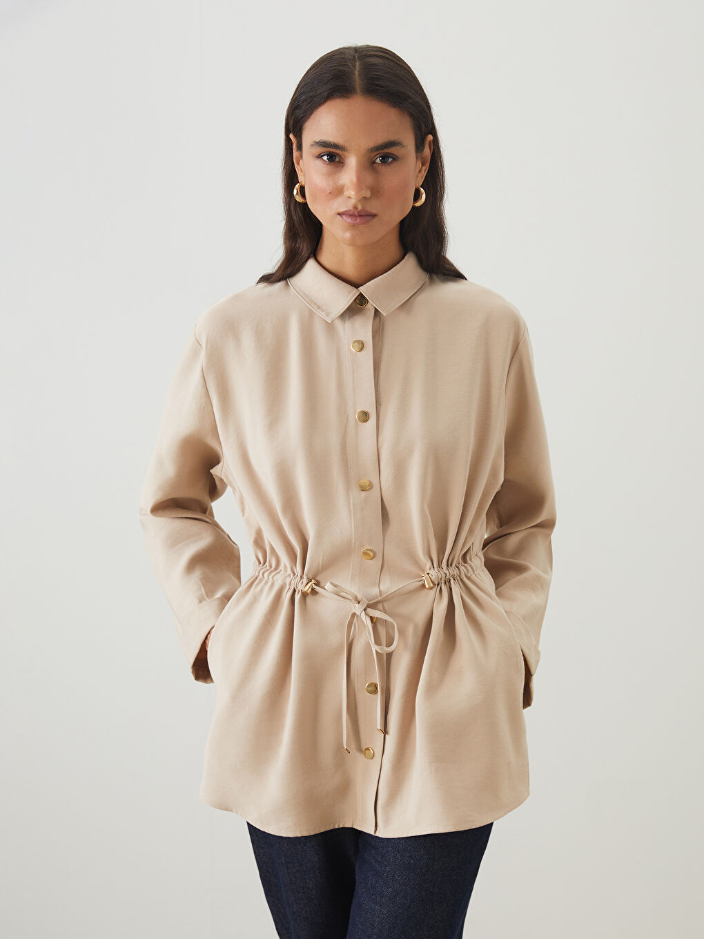 Kahverengi Büzgülü Kadın Gömlek Tunik