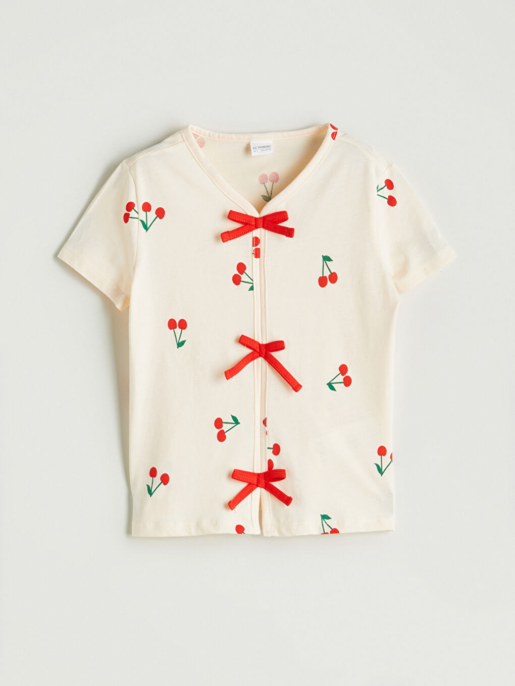 Ekru V Yaka Fiyonk Detaylı Kız Çocuk Pijama Üst