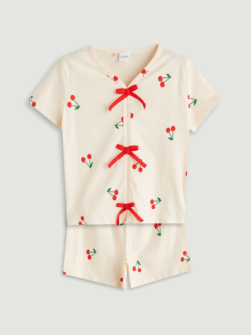 Ekru Kız Çocuk Şortlu Pijama Takımı Anne Kız Kombini-1