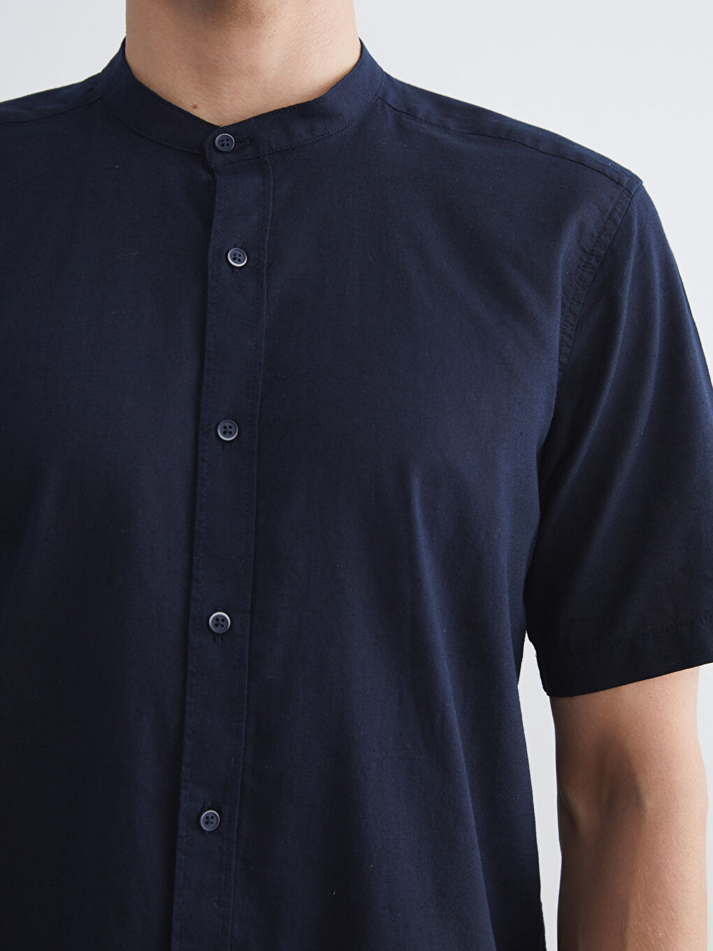 Lacivert Regular Fit Hakim Yaka Keten Karışımlı Erkek Gömlek-2