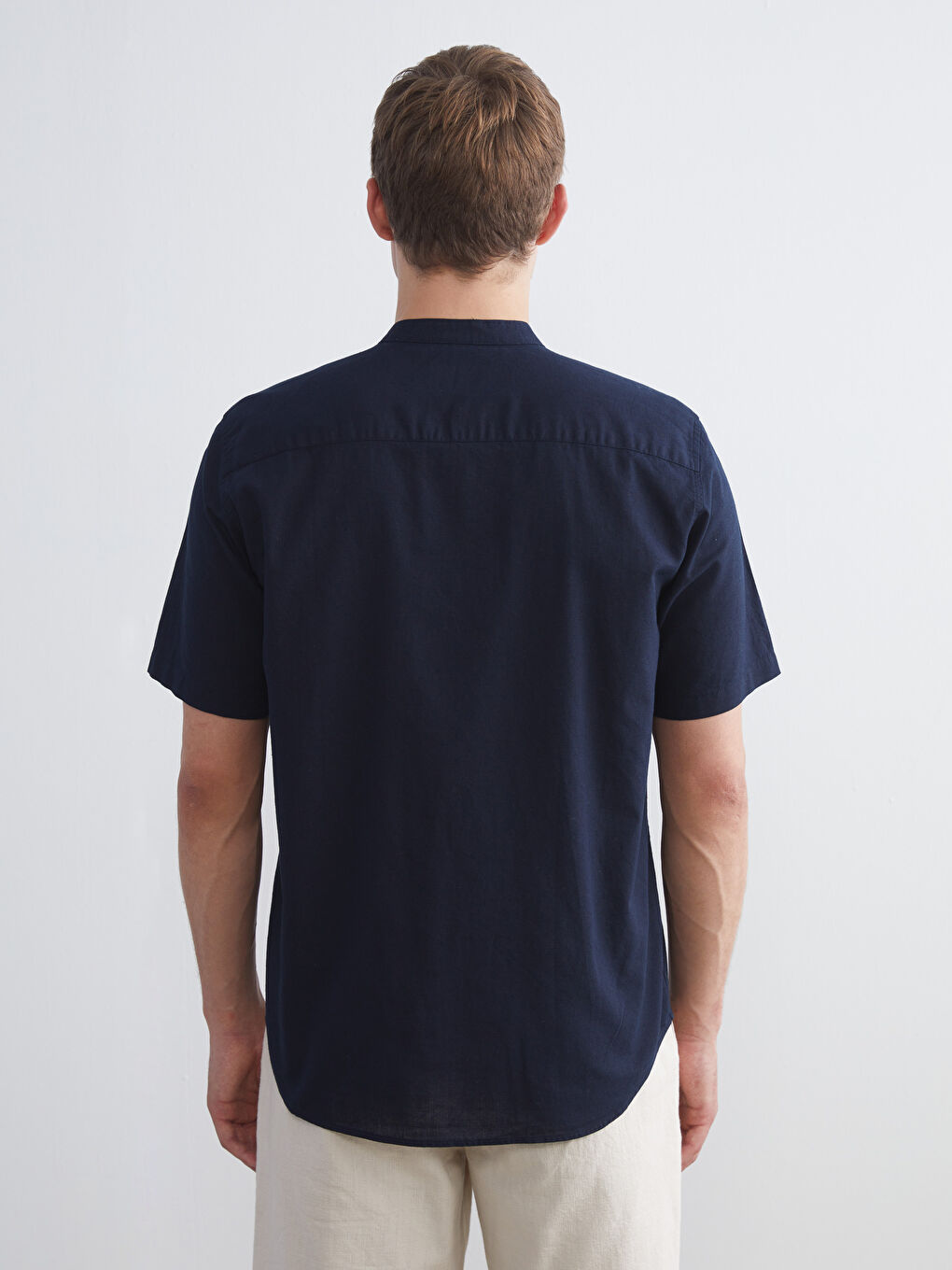 Lacivert Regular Fit Hakim Yaka Keten Karışımlı Erkek Gömlek-3