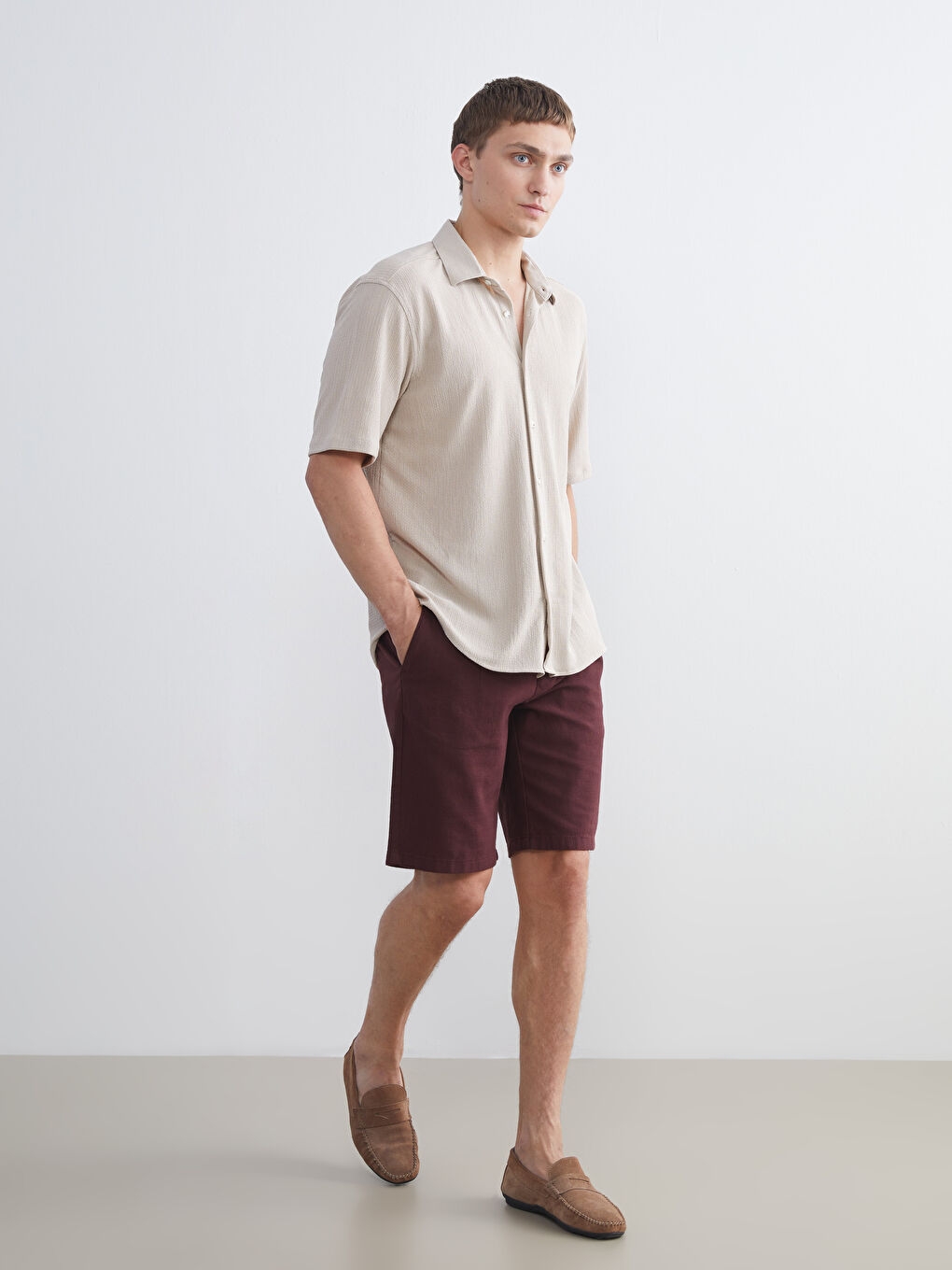 Bej Regular Fit Kısa Kollu Erkek Gömlek-1