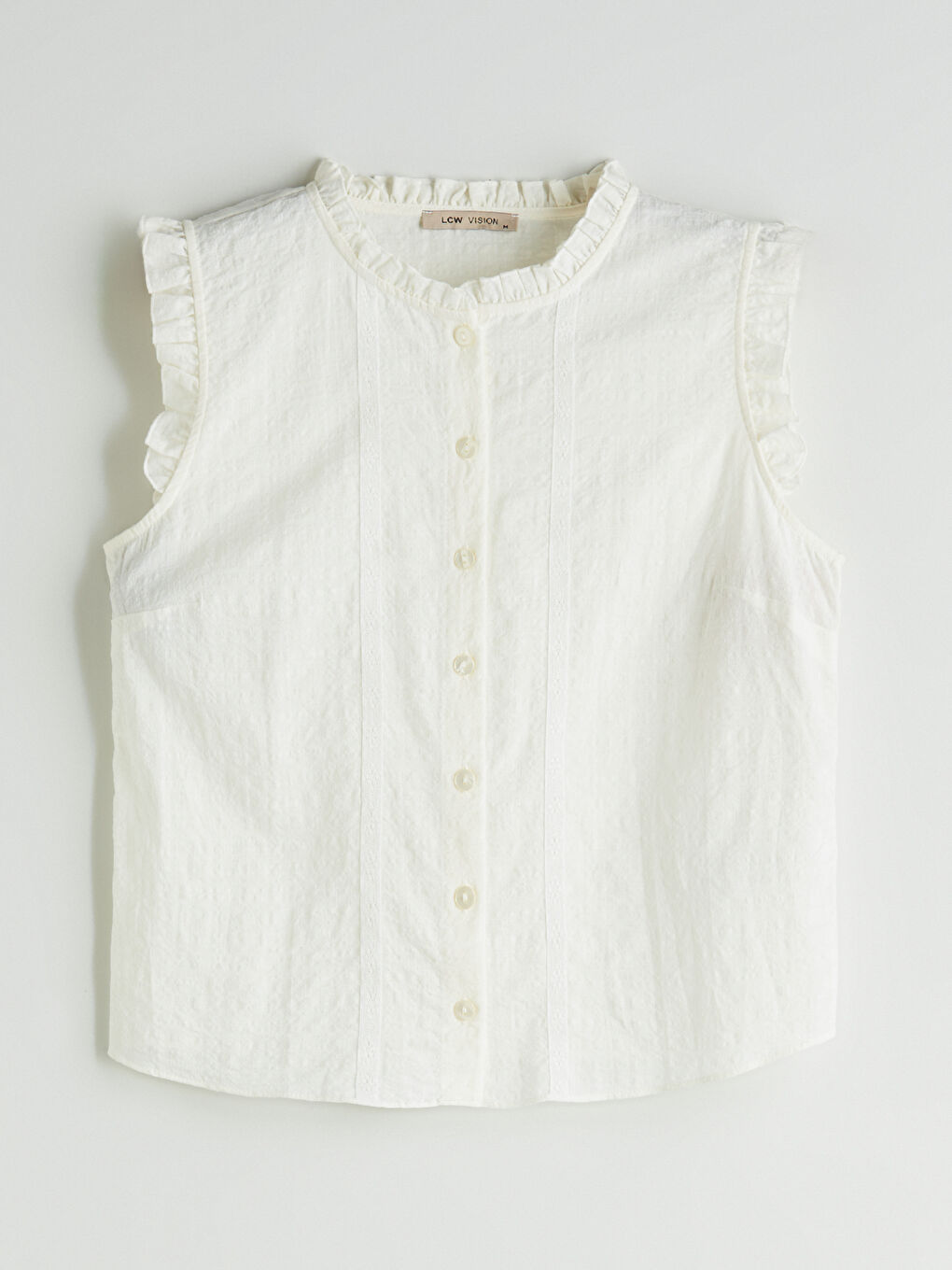 Ekru Bisiklet Yaka Nakışlı Fırfırlı Vual Bluz-4