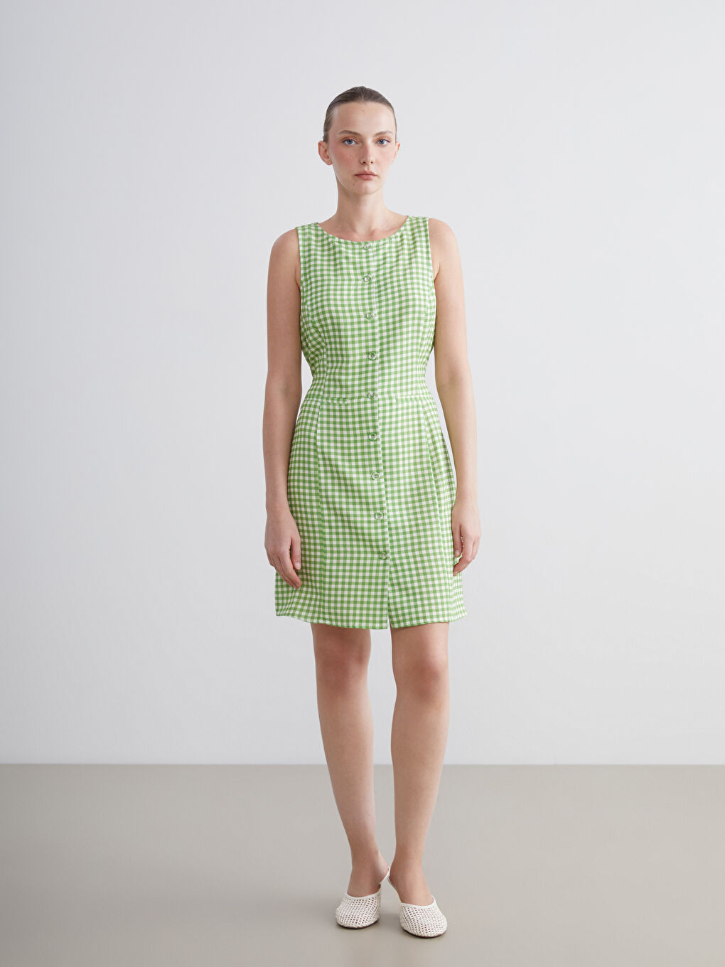 Yeşil Bisiklet Yaka Ekose Mini Gömlek Elbise