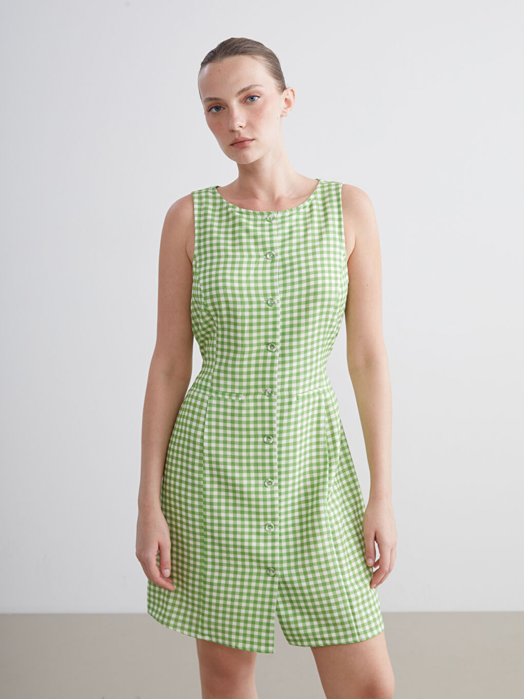 Yeşil Bisiklet Yaka Ekose Mini Gömlek Elbise-1