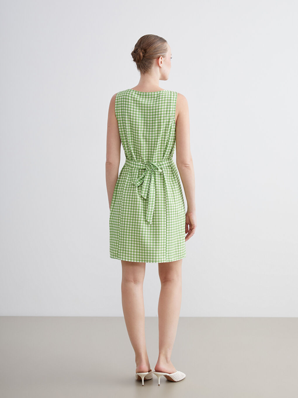 Yeşil Bisiklet Yaka Ekose Mini Gömlek Elbise-3