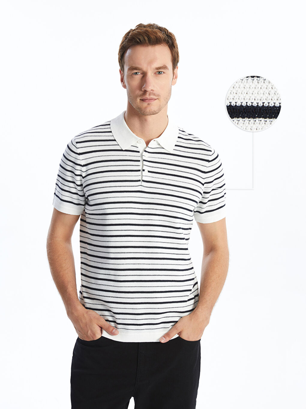Polo Neck Short Sleeve Striped Men's Knitwear Sweater